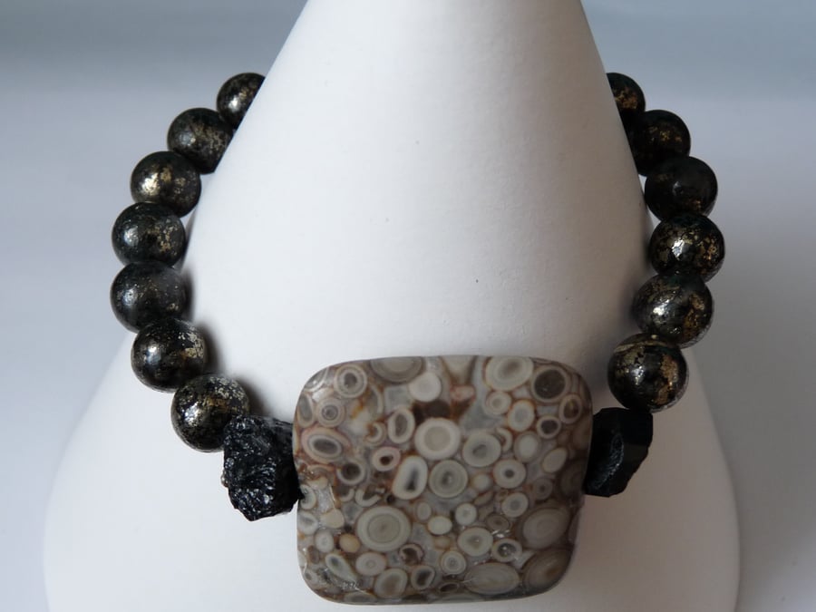 Ocean Jasper, Tourmaline & Pyrite Bracelet  - Handmade - Genuine Gemstone 