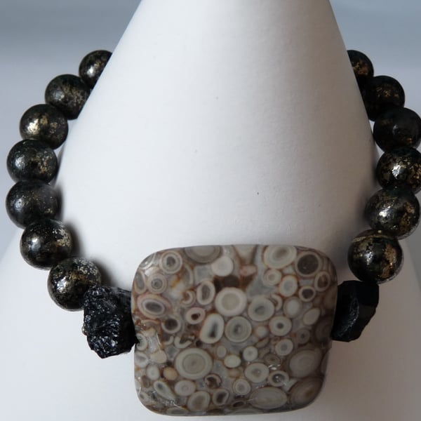 Ocean Jasper, Tourmaline & Pyrite Bracelet  - Handmade - Genuine Gemstone 