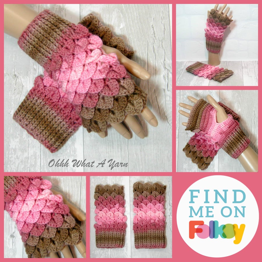 Pinks and browns dragon scale gloves. Fingerless gloves. Crocodile stitch. 