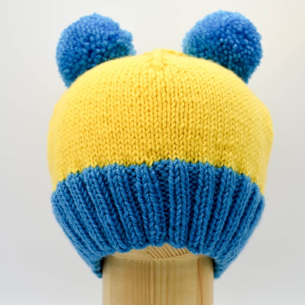 Hand knitted Child's hat - yellow and turquoise blue - Stand with Ukraine Appeal