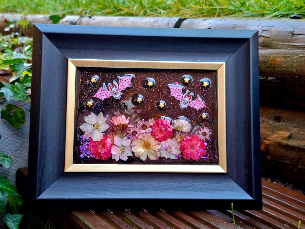 Valentines Valloween upcycled photo frame hearts bats resin glitter floral 