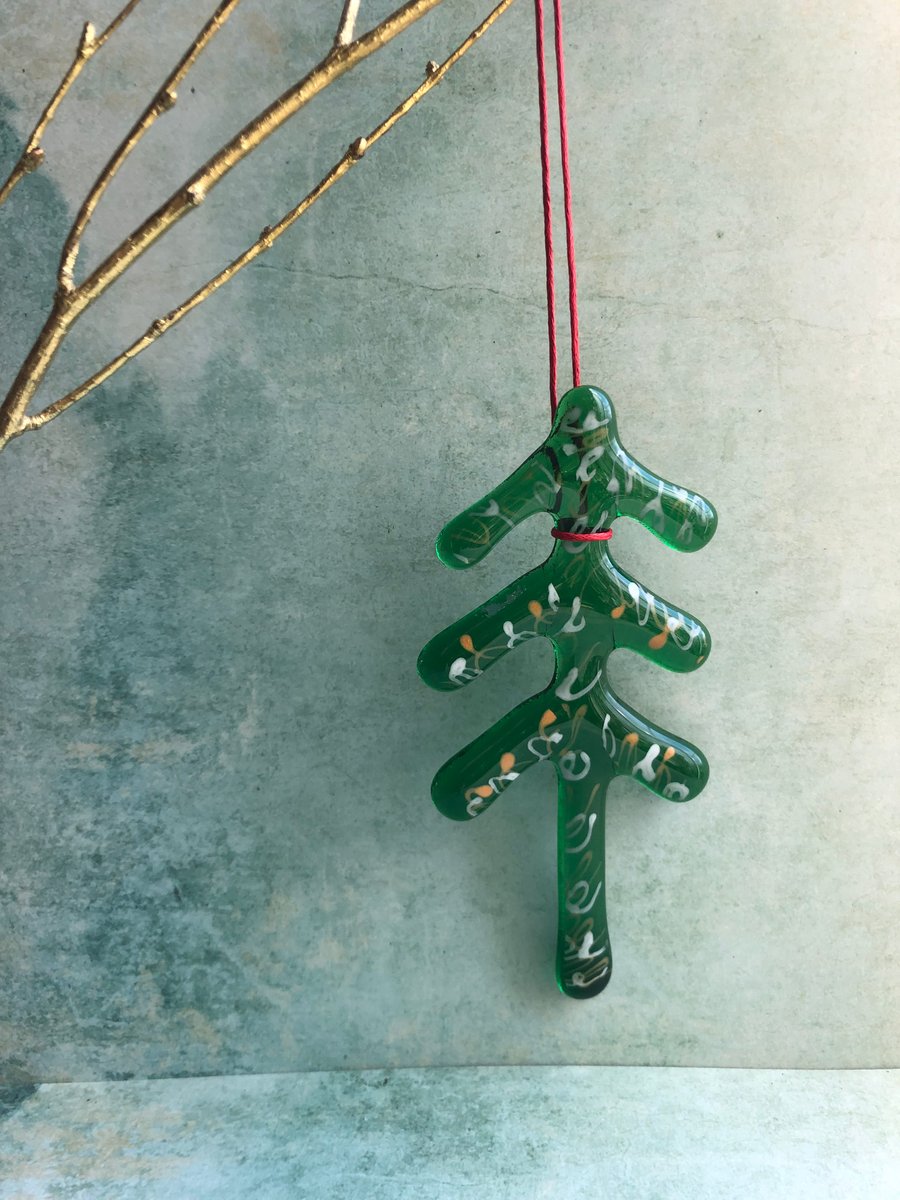Fused Glass Christmas 13cm Tree Green handmade recycled glass large 