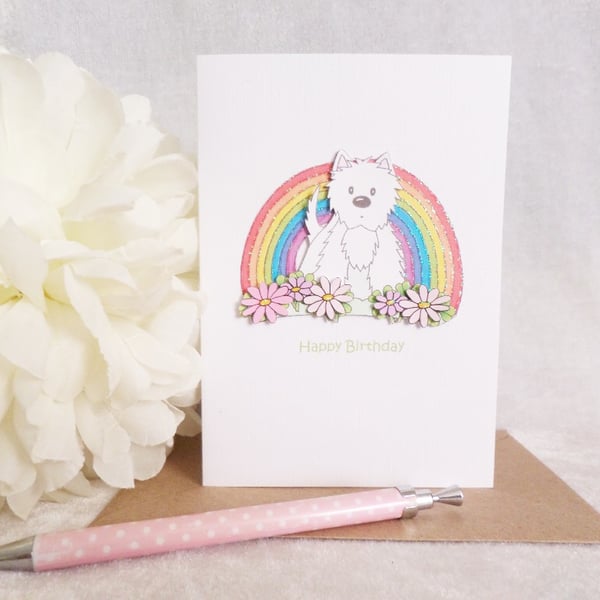 Rainbow Flower Westie Card - Happy Birthday 