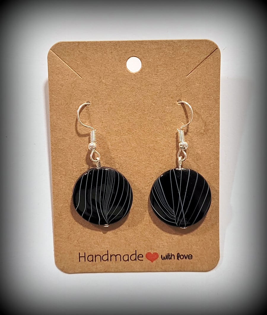 Black & White Glass Circle Charm Dangle Earrings on Silver Plated Earring Hooks