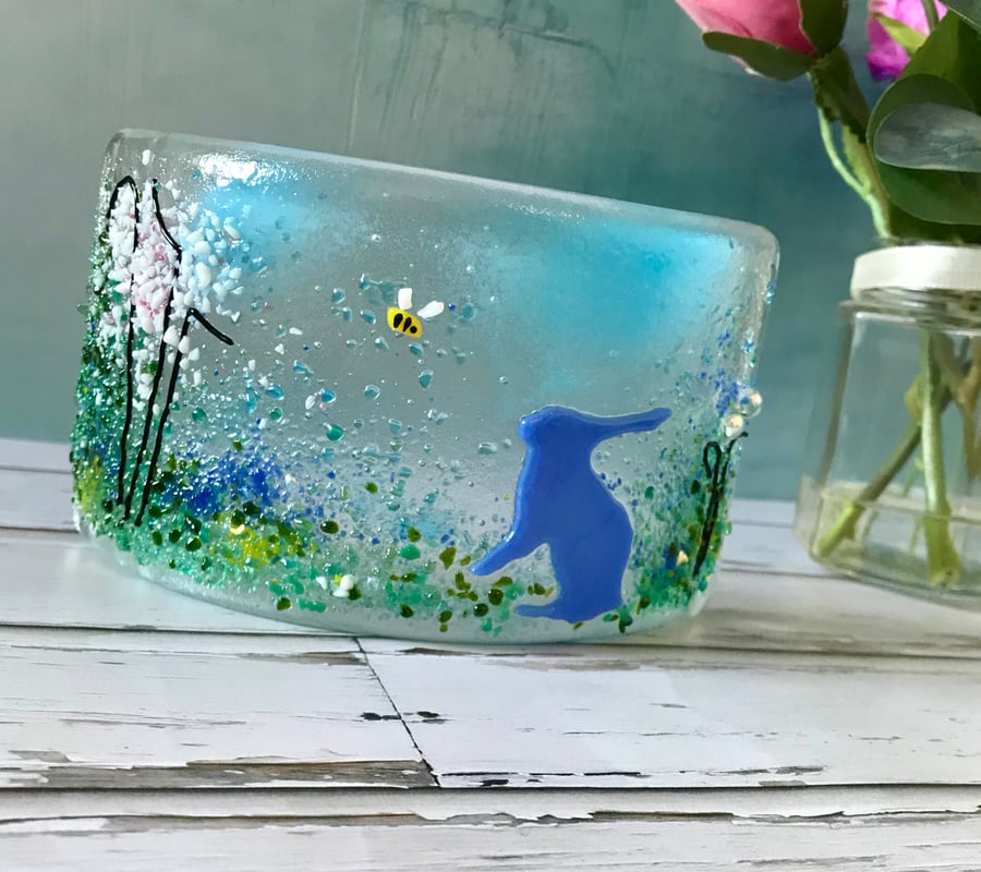 Hare and bee fused glass decoration, Mother’s Day, candle shield
