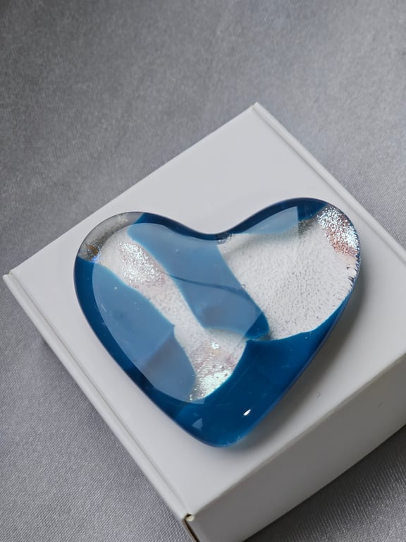 Fused Glass Pocket Heart - Teal and silver