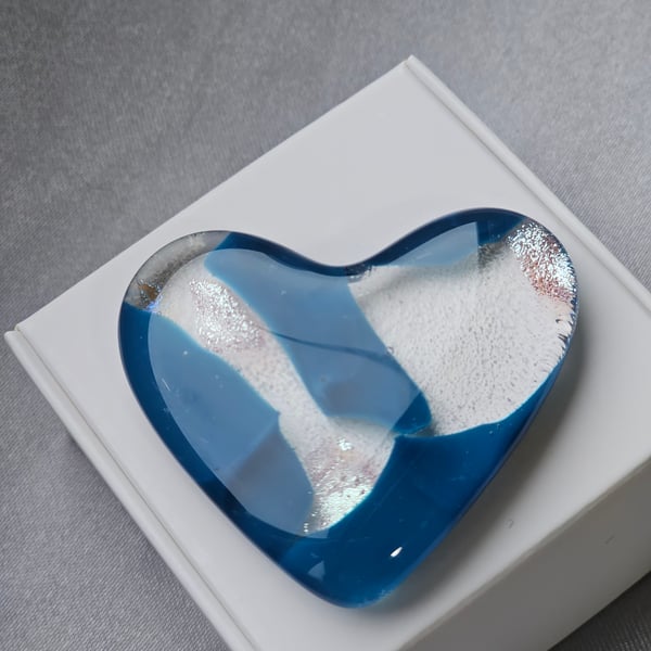 Fused Glass Pocket Heart - Teal and silver