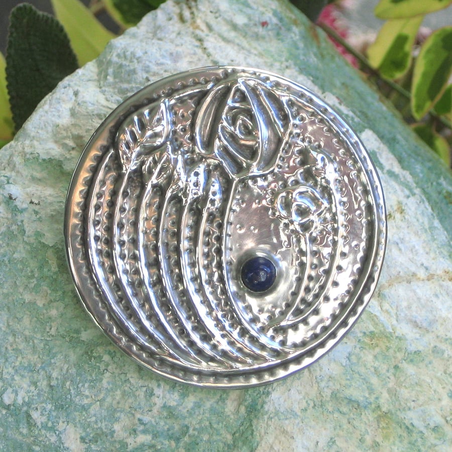 Mackintosh Brooch Handmade in Silver Pewter with Lapis Lazuli Stone