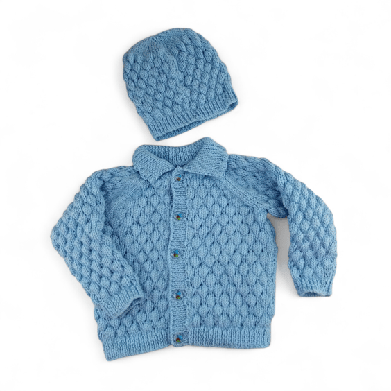 Baby Blue Hand Knitted Cardigan and Hat Set for Boys, Bubble Stitch 9-18 Months,