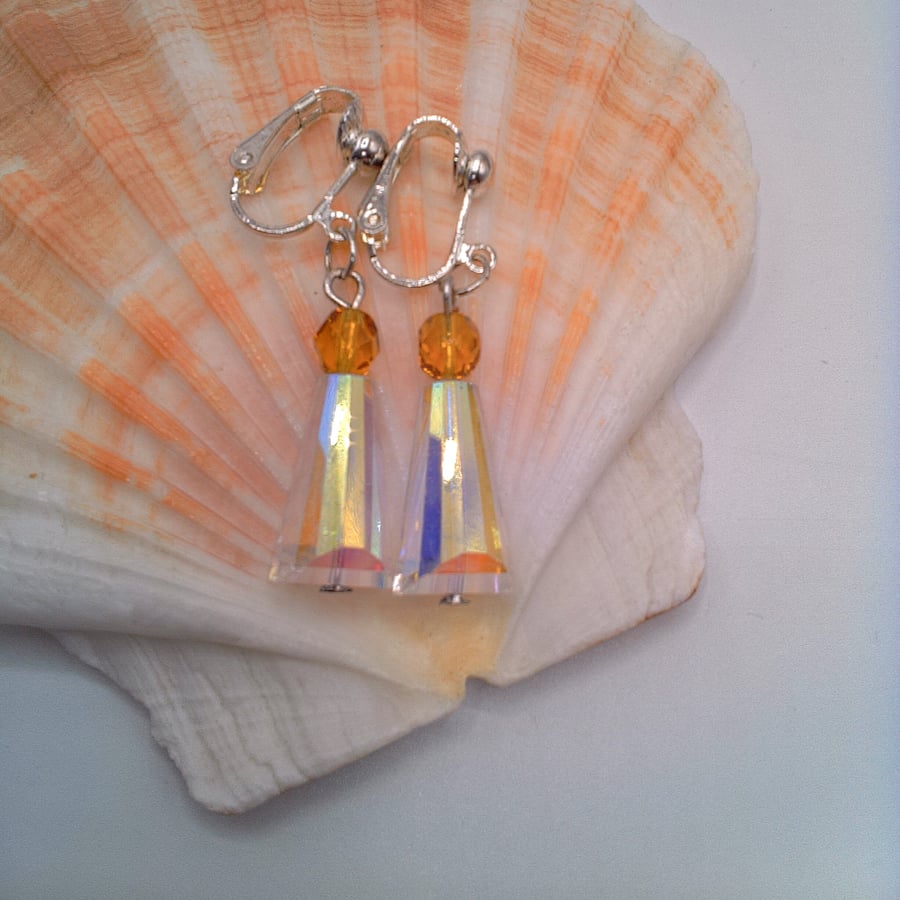Clip On Earrings With Clear Artemis Beads And A Topaz Crystal, Gift for Her