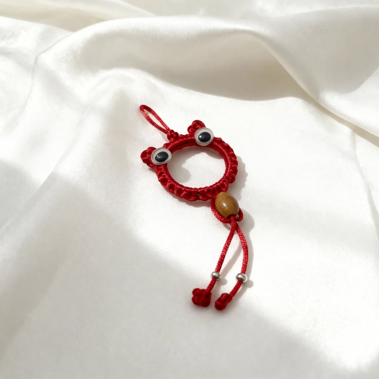 Handmade Red Macramé Bag Charm with Wooden Bead and Googly Eyes
