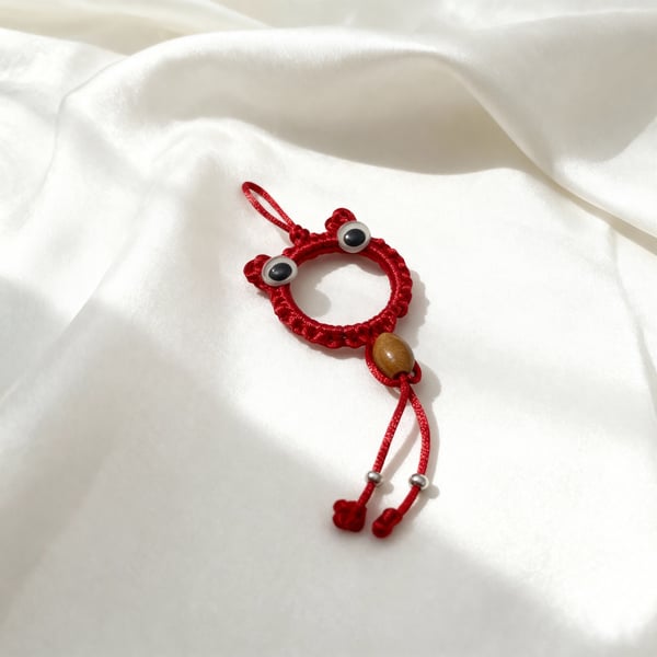 Handmade Red Macramé Bag Charm with Wooden Bead and Googly Eyes