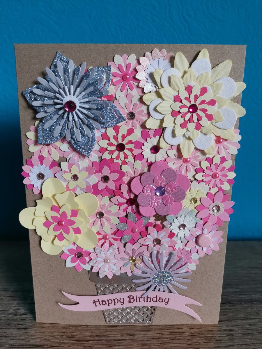 Multicolored pastel colour Happy Birthday Luxury handmade flower keepsake card