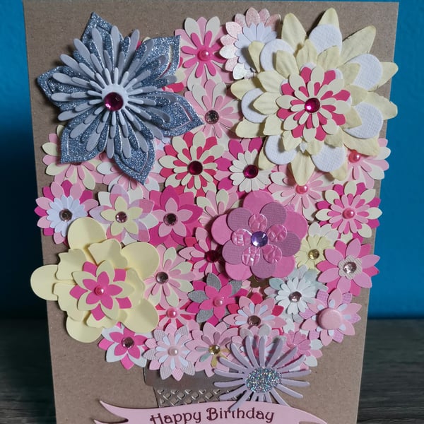 Multicolored pastel colour Happy Birthday Luxury handmade flower keepsake card