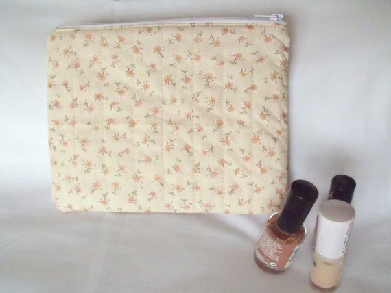 cream floral print zipped make up pouch, pencil case or crochet hook case