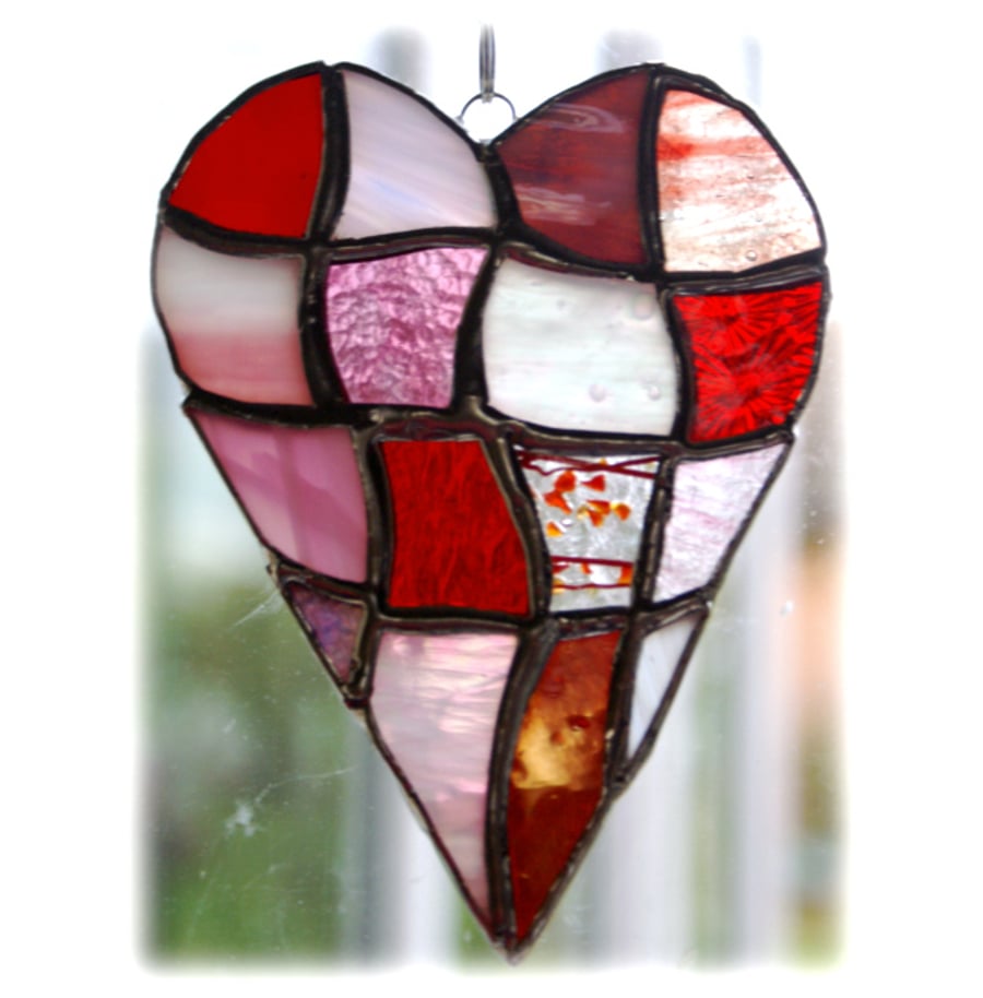 Patchwork Heart Suncatcher Stained Glass Handmade Red Pink Valentine