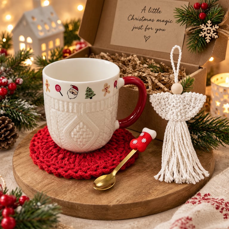 Handmade Christmas Mug Set, Crochet Coaster, Angel Ornament, Christmas Gift Box