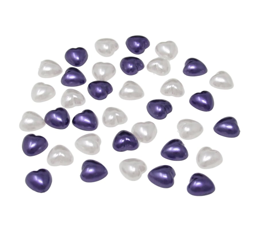 100 x White and Purple 8mm Pearl Flat Backed Heart Shape Gems Weddings, Crafts, 