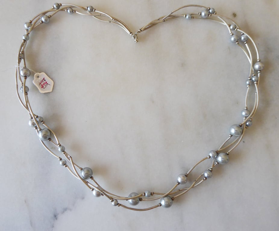 Faux Pearl and Silver Plate Twisted Three strand Necklace - Summer Seconds
