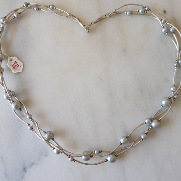 Faux Pearl and Silver Plate Twisted Three strand Necklace - Summer Seconds