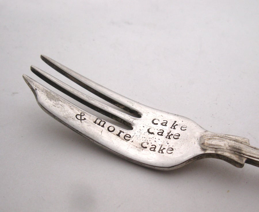 Handstamped vintage cake fork, cake cake & more cake