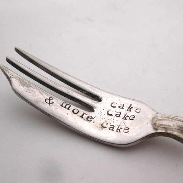 Handstamped vintage cake fork, cake cake & more cake