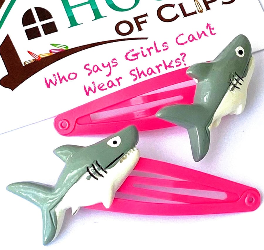 Who Says Girls Can t Wear Sharks? Hair Clips x2 - Shark Snap Clips - Pink Hair C