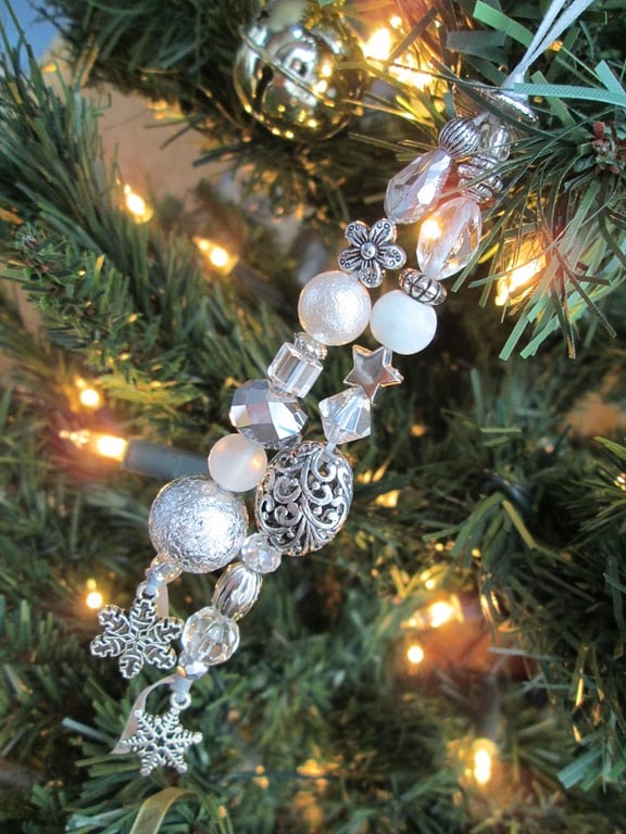 Beaded Christmas Tree Decoration - White and Silver