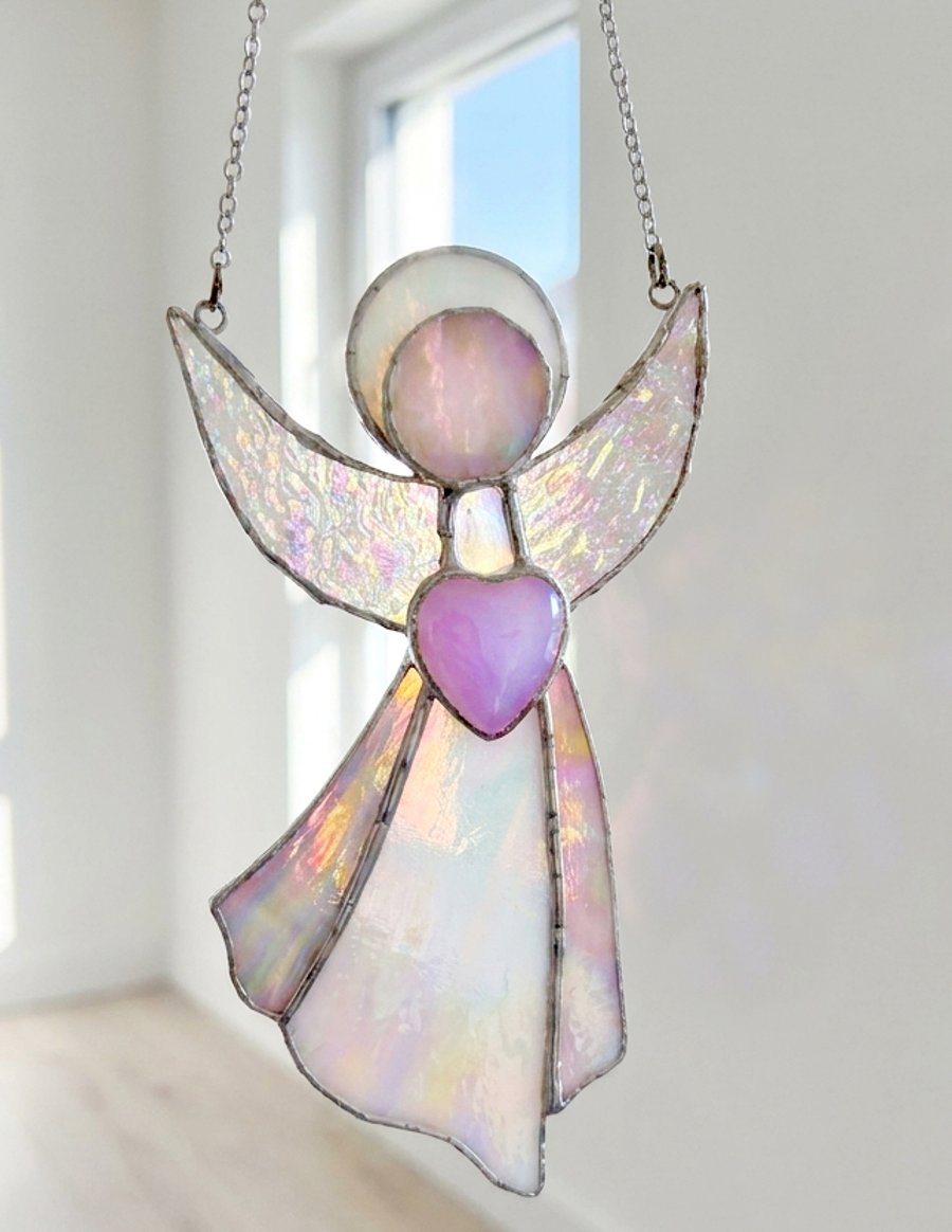 Pink Stained Glass Angel holding a Rose Quartz Crystal Heart