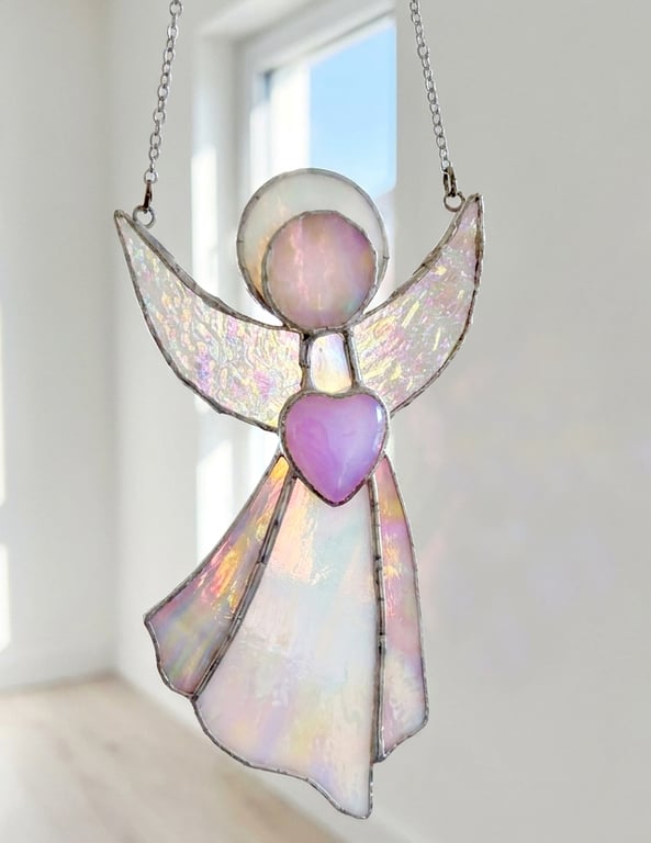 Pink Stained Glass Angel holding a Rose Quartz Crystal Heart