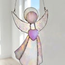 Pink Stained Glass Angel holding a Rose Quartz Crystal Heart
