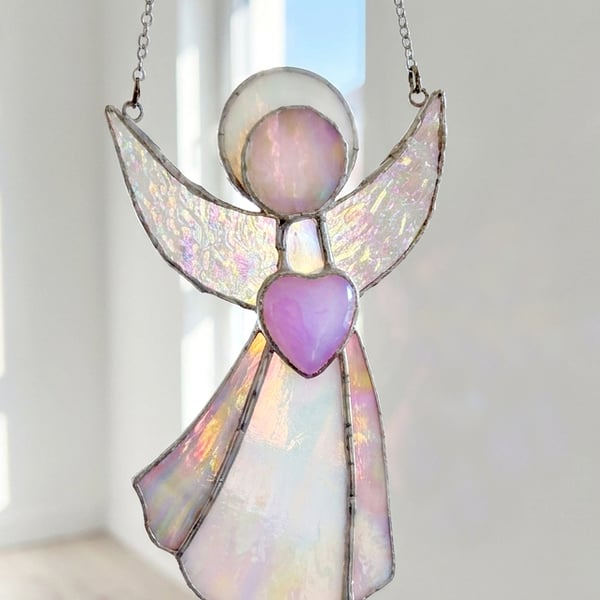 Pink Stained Glass Angel holding a Rose Quartz Crystal Heart