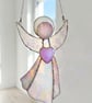 Pink Stained Glass Angel holding a Rose Quartz Crystal Heart