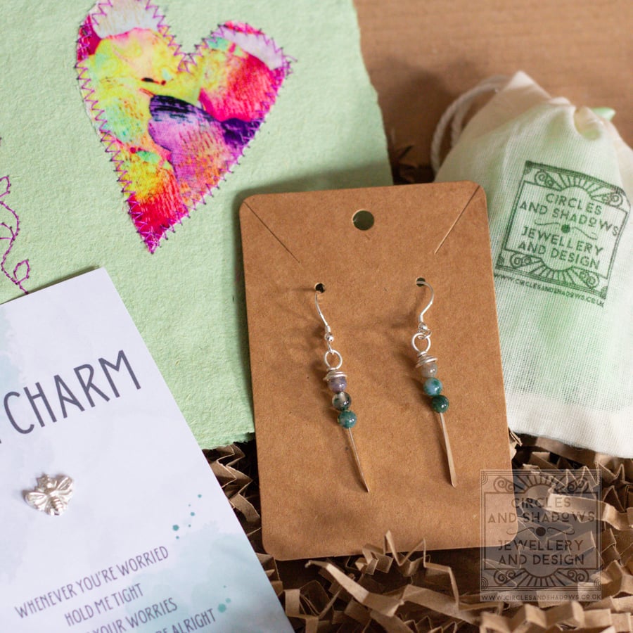Sterling Silver and Indian Agate Earring Gift Set Seed Bombs, Pocket Charm, Card