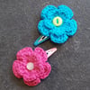 Bright Pink and Blue Crochet Flower Clips