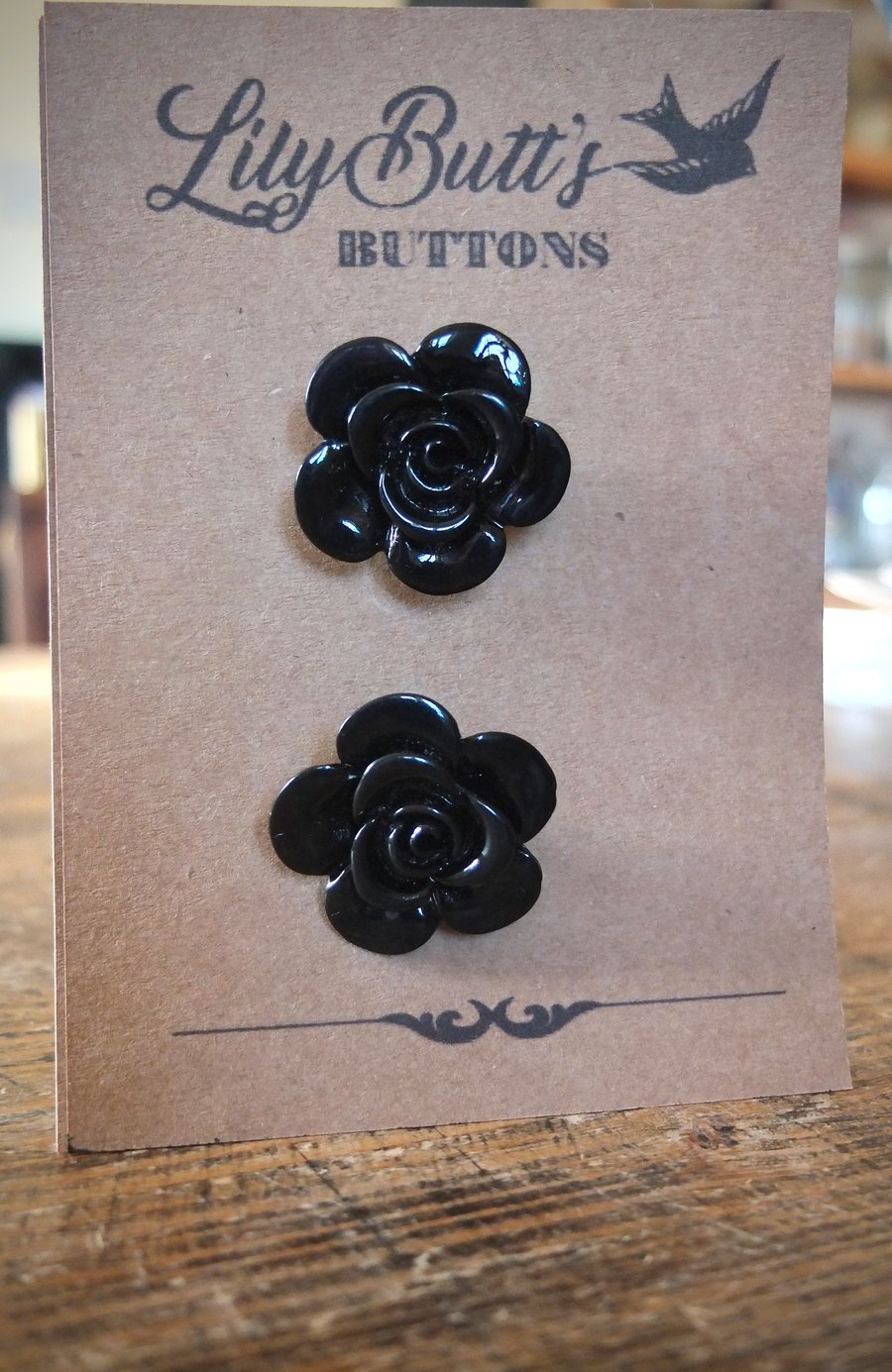 2 Large Black Flower Buttons - 34mm