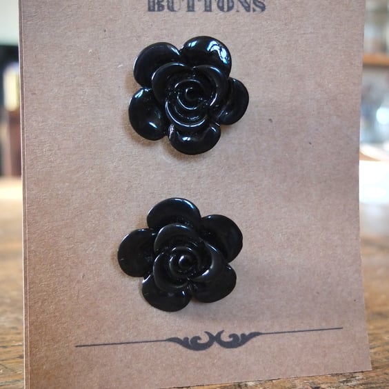 2 Large Black Flower Buttons - 34mm