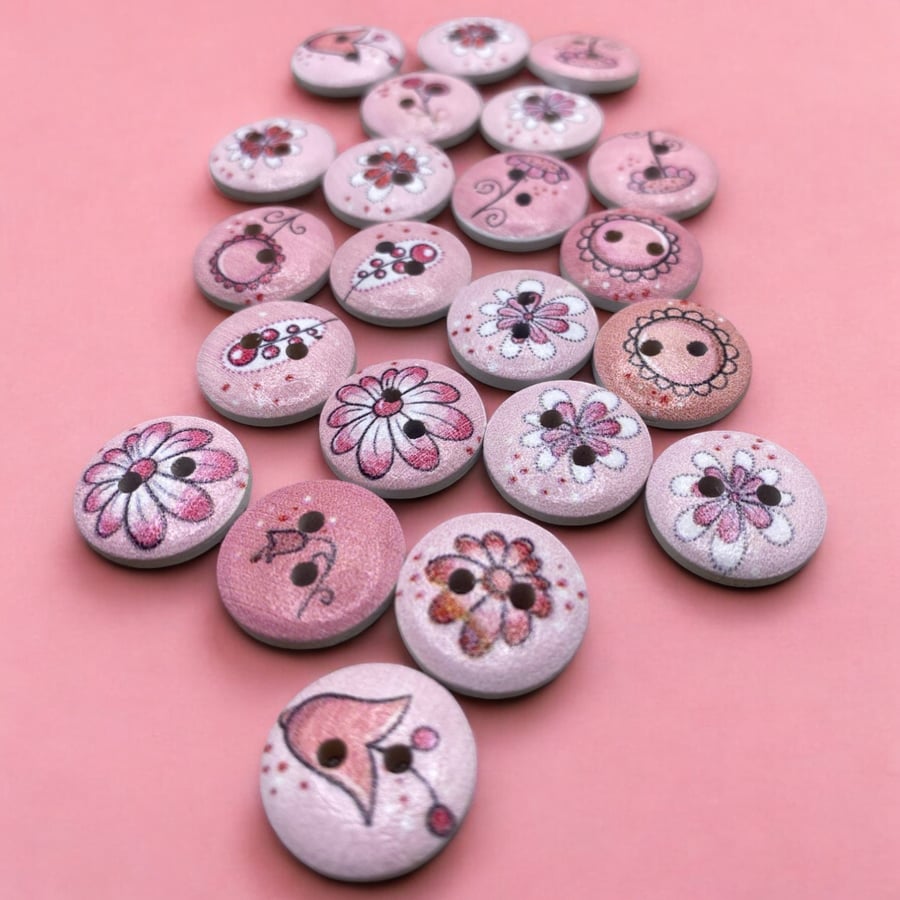 15mm Wooden Floral Flower Buttons Cute Pink Pack Of 10