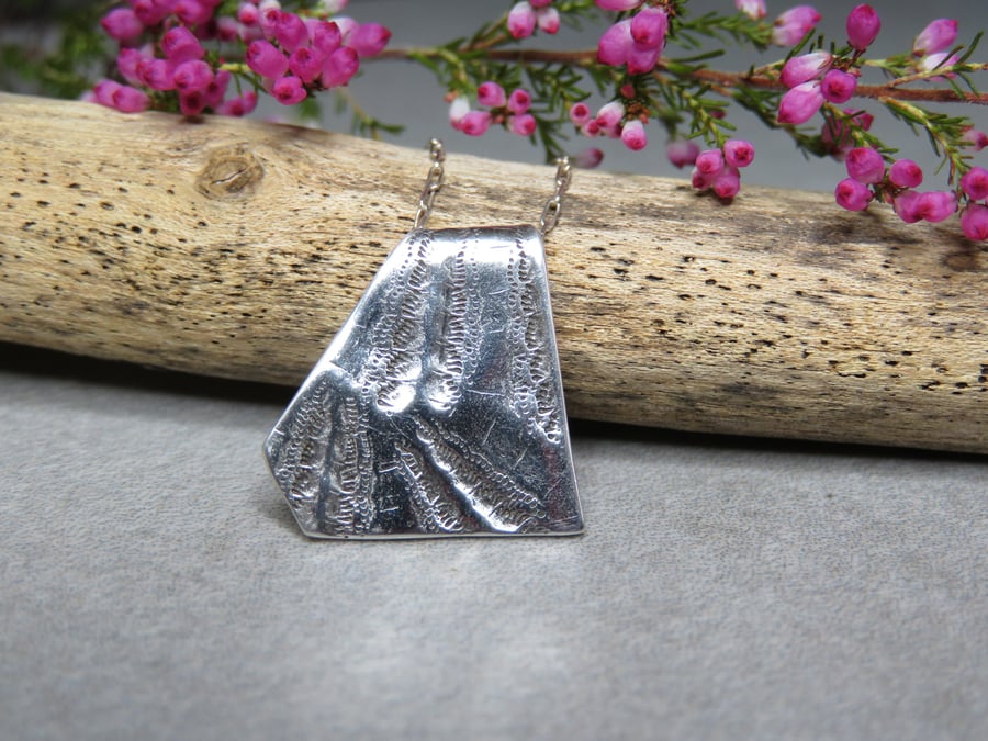 Fine Silver Shell Print Textured Pendant Necklace Nature Imprint