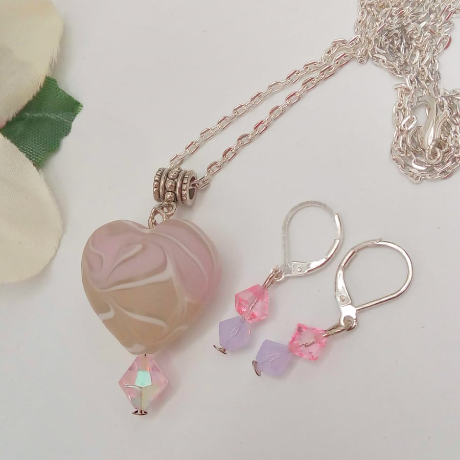 Pink Glass Heart and Crystal Pendant on a Silver Chain with Matching Earrings