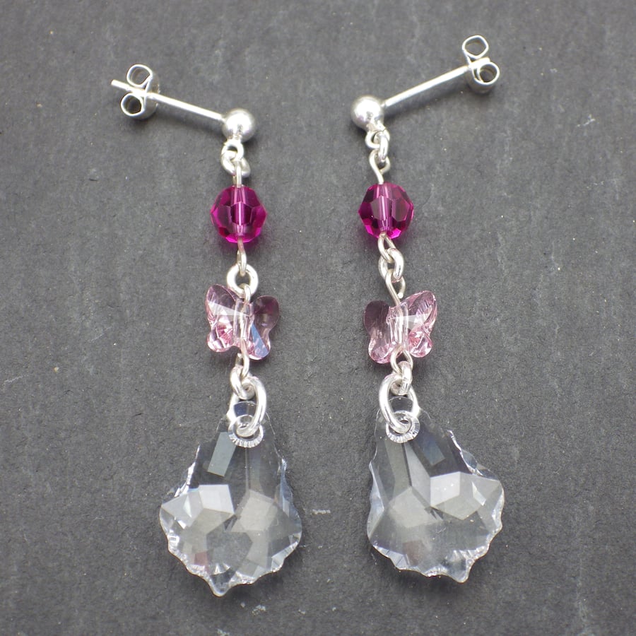 Crystal baroque Swarovski earrings with pink Swarovski rounds and butterflies
