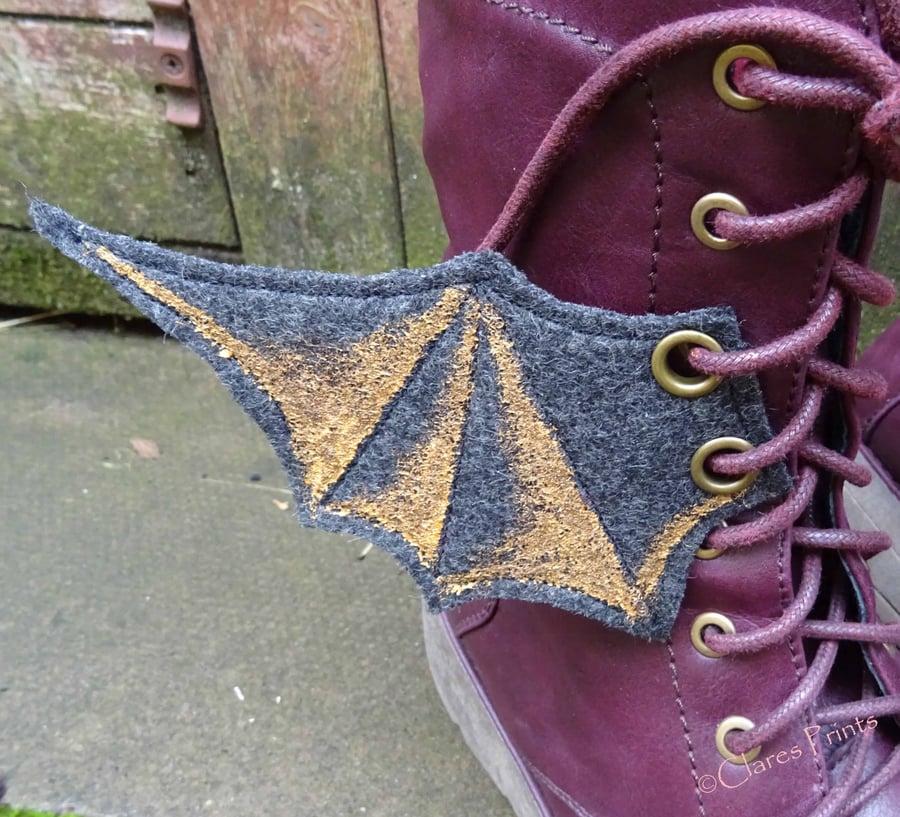 Steampunk Fabric Boot Wings Bat Goth Black Gold