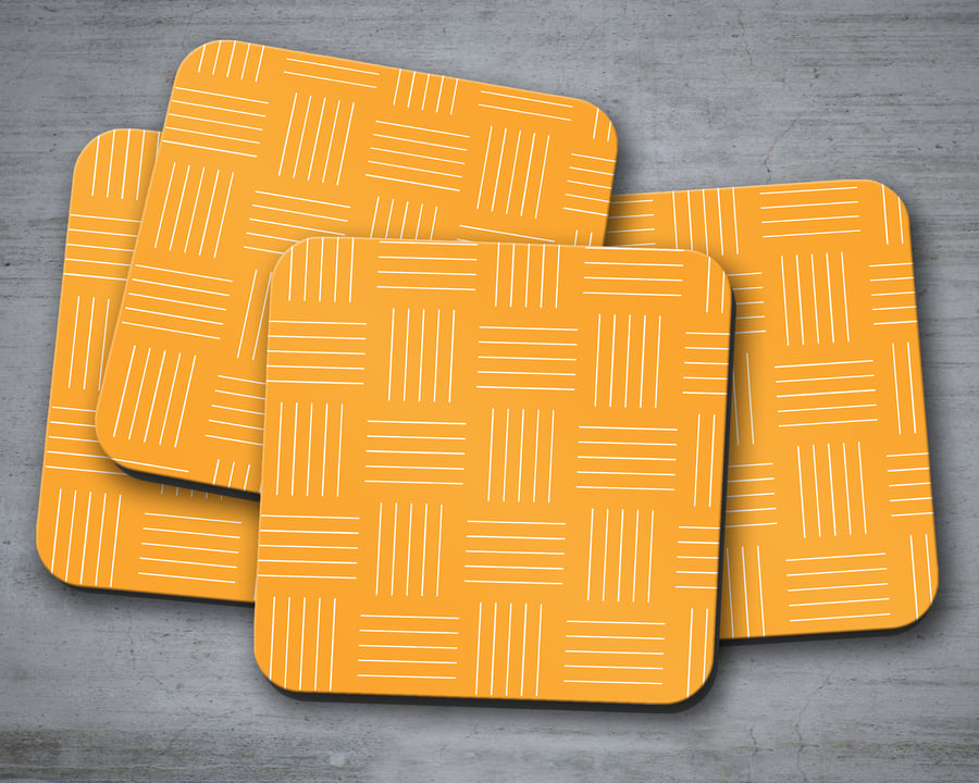 Set of 4 Yellow with White Geometric Lines Coasters