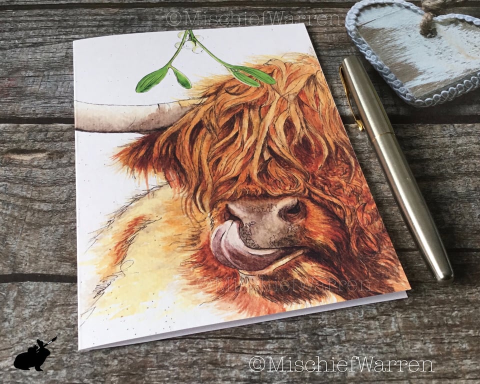 Highland Cow Christmas Card. Scottish Coo handmade Christmas card.