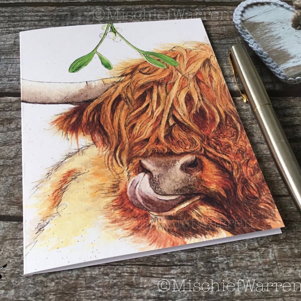 Highland Cow Christmas Card. Scottish Coo handmade Christmas card.