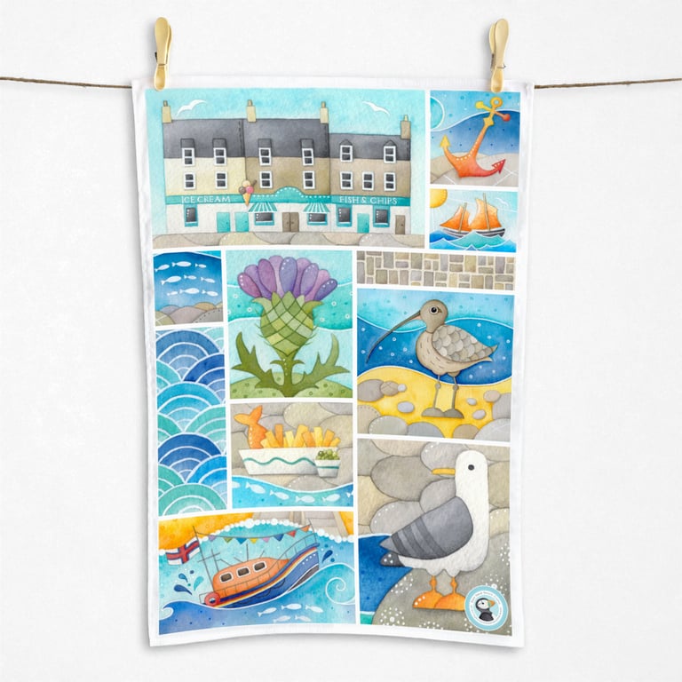 Seaside Tea Towel - Coastal Nautical Kitchen Gifts. Seagull, Chip Shop, Lifeboat
