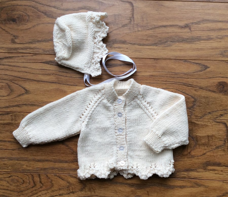 10% off Hand knitted vintage style cardigan and bonnet for girls