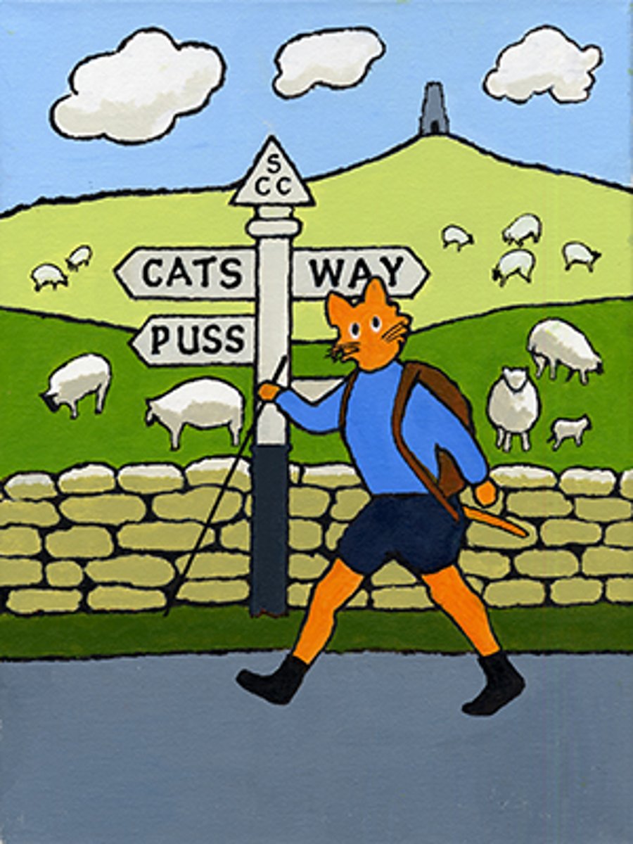 Cat hiker by a sign post, Original painting in acrylic