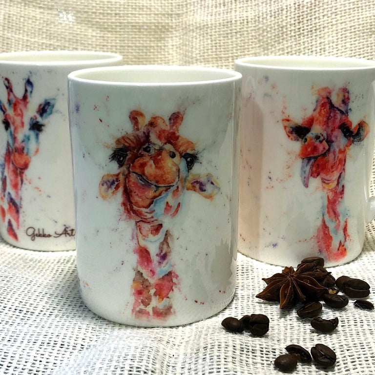 Giraffes Watercolour Bone China Mug, choose from China Cup, Wildlife Art Mug by 