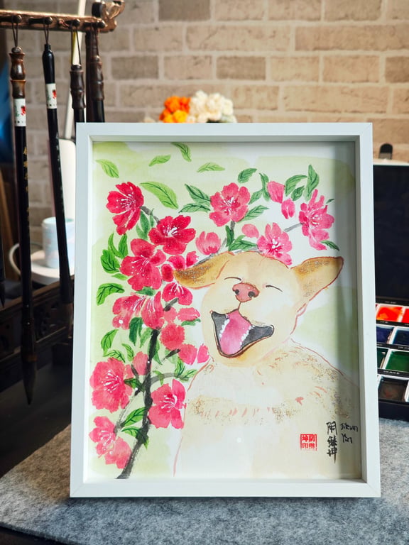 A smile among blossoms (framed)-Original Chinese Colour Painting on Xuan Card